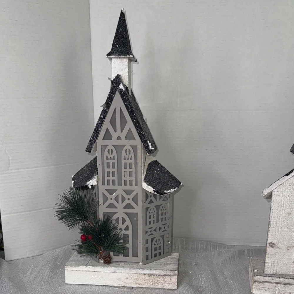 Wooden Church Christmas Decorations lights up white, Gray and Black Pinecone new
